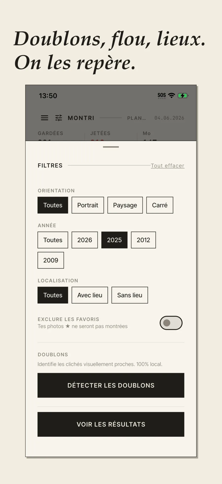 Filtres MonTri : année, orientation, lieux et doublons